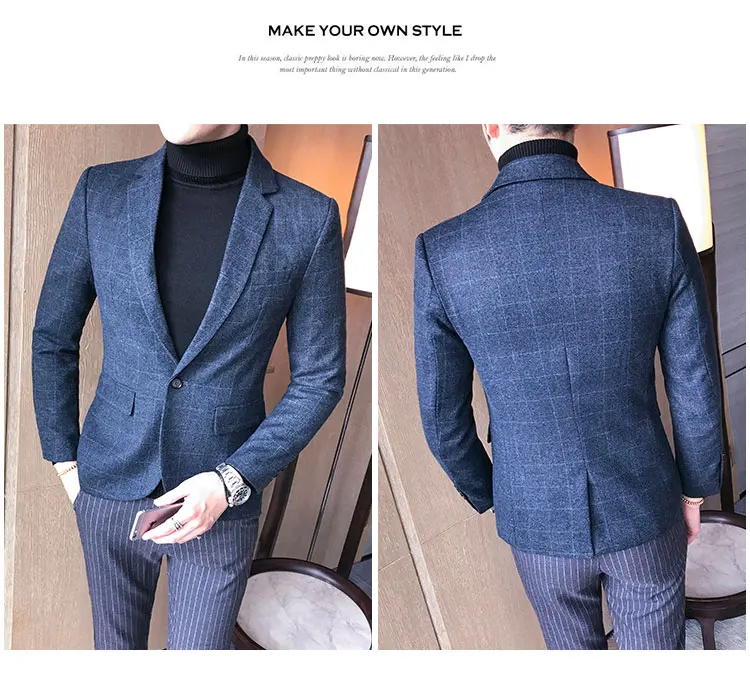 Quality Men Blazers Mens Plaid Wedding Suit Jacket Business Formal Party Blazer Slim Fit Male Custom Dress Coat