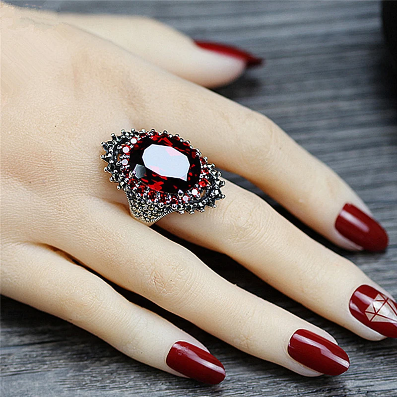 Male Female Oval Pomegranate Ring Red Blue Stone Couples Wedding Rings