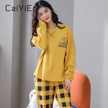 

CAIYIER New Autumn Winter Girls Sleepwear Suit Cotton Cartoon Women Pajamas Set Long Sleeve O-Neck Lovely Femme Underwear Pijama