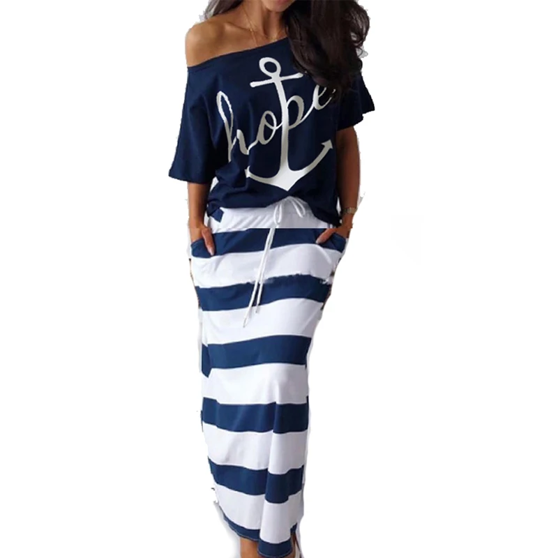 Summer Plus Size Elegant Vacation Leisure Two-pieces Suit Sets Ladies Boat Anchor Print T-Shirt & Striped Maxi Skirt Sets BLUE t shirts tees dibs on the captain anchor t shirt tee cyan in blue size l m s xl