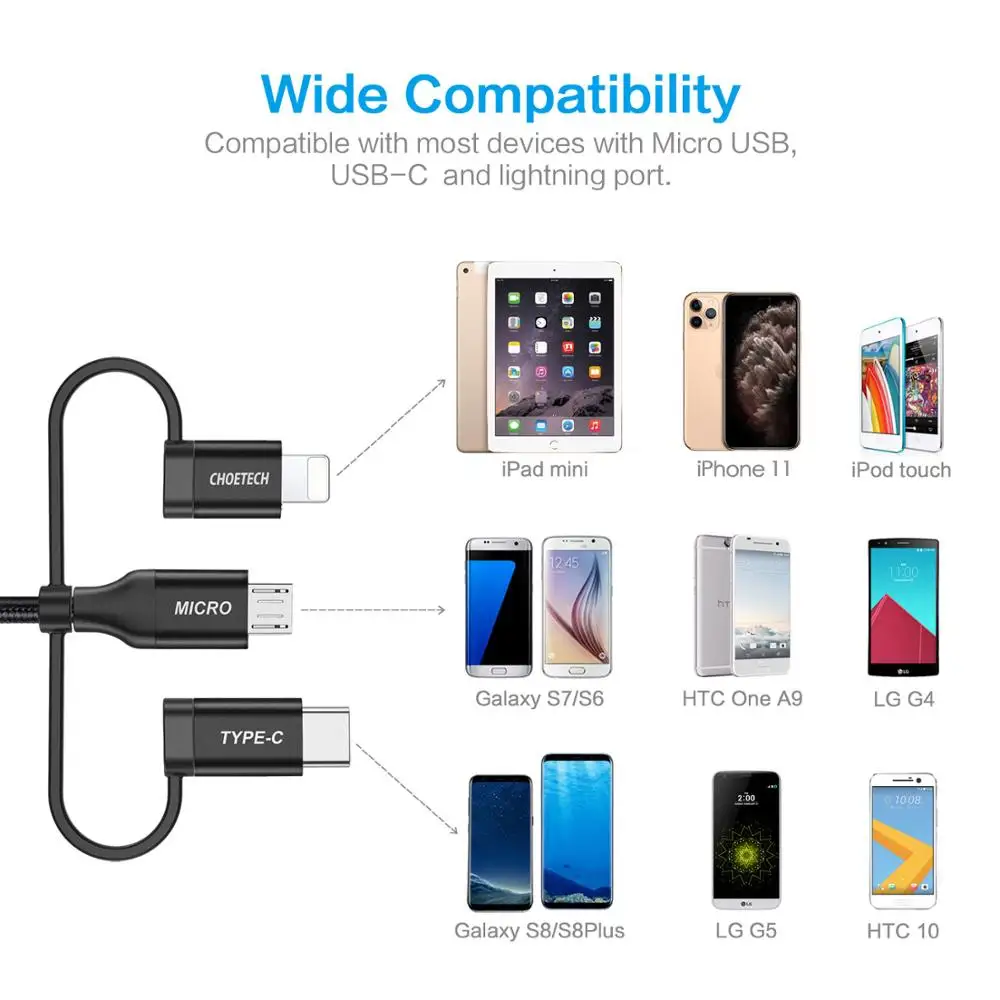 CHOETECH 3 в 1 Android Мобильный USB кабель для передачи данных для iPhone Micro usb type C зарядный кабель для Xiaomi MI8 samsung провод для быстрой зарядки
