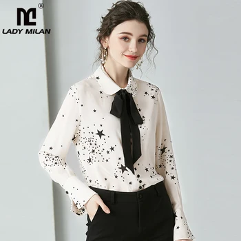 

100% Pure Silk Women's Runway Shirt Peter Pan Collar Long Sleeves Lace Up Bow Stars Printed Elegant Fashion Blouse Shirt