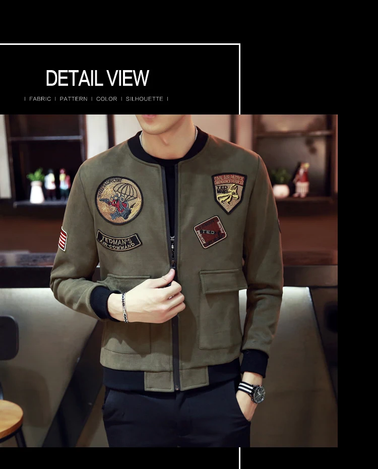 Осенняя одежда стиль Slim Fit замша Мужская куртка тренд Молодежная вышивка стоячий воротник куртка пальто Мужская