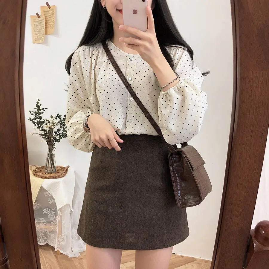 S XL, Новая Винтажная рубашка в горошек, женские топы, женские блузки с длинными рукавами для девочек, большие размеры, осенние женские блузки, femme Blusas