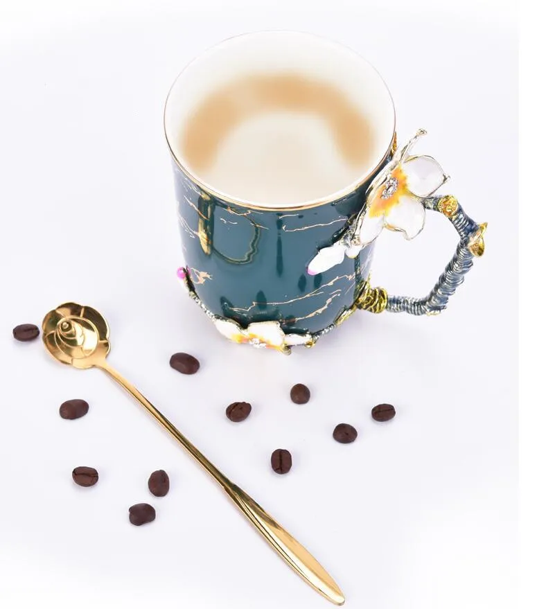 Ручной работы эмалированная чайная чашка кофейная чашка с ложкой бытовой чайный набор Высокое качество Костяной фарфор кофейная чашка набор кружка для завтрака чашка для молока