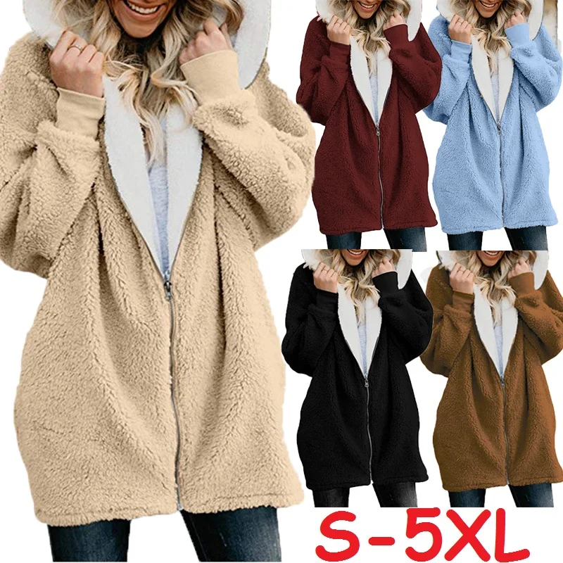 Women Coat Winter Causal Soft Hooded Pocket Zipper Fleece Plush Female Coat Warm Plus Size Faux Fur Fluffy Women Jacket