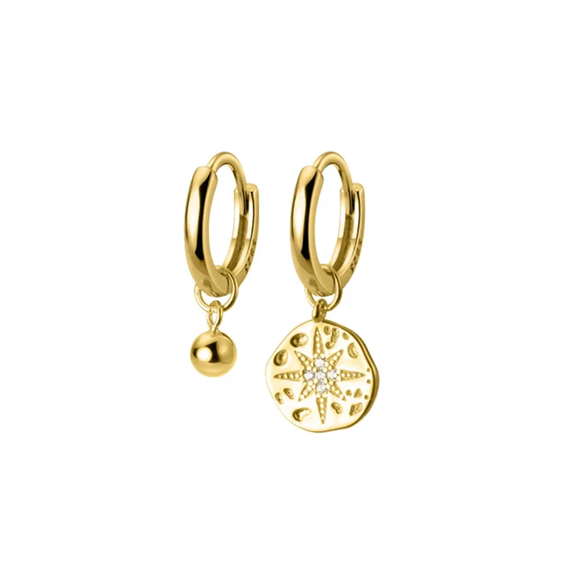 Silver Color Star Tassel Asymmetric Hoop Earrings Women Round Disc Gold Earrings CZ Wedding Jewelry S-E1344