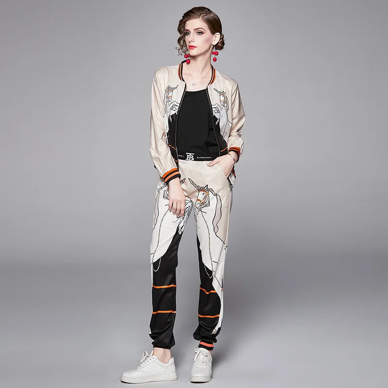 runway tracksuit women autumn winter fashion elegant Printed pants suit 2 piece set women zipper jacket pant Leggings suit