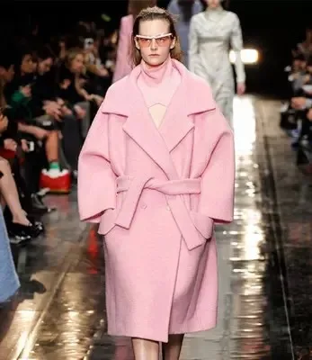Стиль Европа и Америка Большой бренд розовый кокон пальто Женская на шнуровке шерстяная куртка