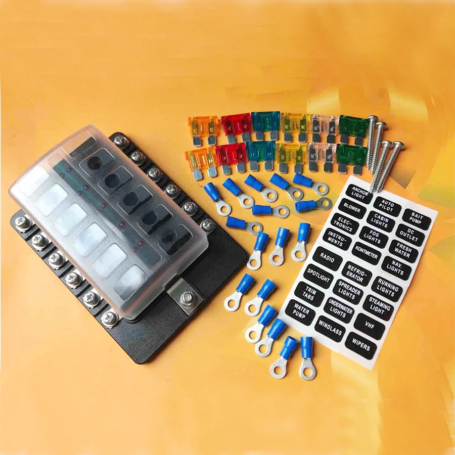 

12 Way Fuse Box Car Blade Fuse Holder Red LED Indicator Waterproof Cover For Marine Boat RV Truck