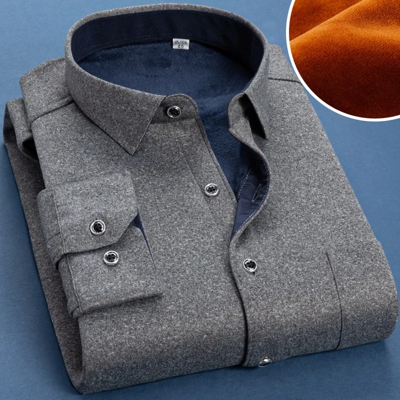 Camisa cálida de lana para hombre, camisa de negocios de manga larga Lisa a la moda, de talla grande, a cuadros, gruesa y cálida, M-6XL, otoño e invierno, 2020