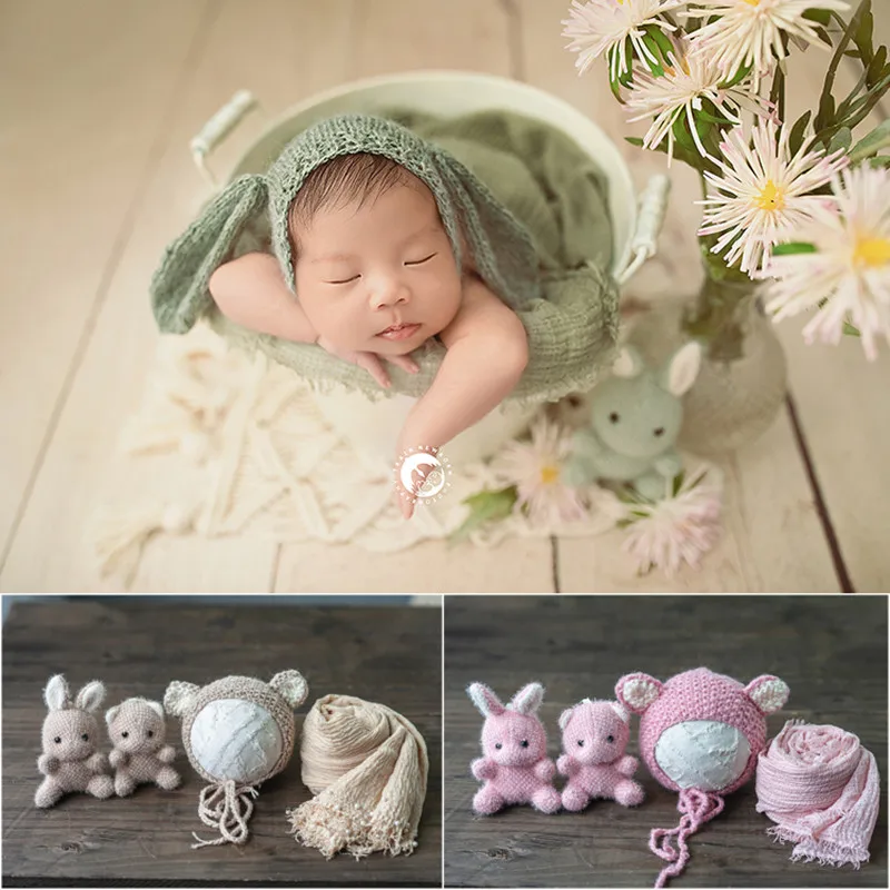 Dvotinst Newborn Baby Photography Props Wraps Cute Rabbit Bear Doll Hat Bonnet 4pcs Set Outfits Studio Shooting Photo Props