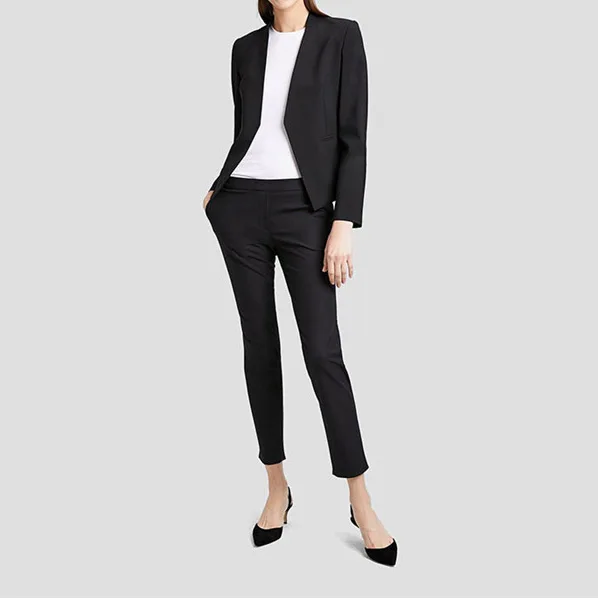 Top Quality Wool Grey/Blue/Black No Button Blazer Top+ Suit Pants- Ol Fall Blazer Pants Suit Set Women