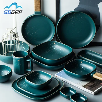

Luxury Retro Green Dinner Plates Set Dinner Marble Glazes Ceramic Party Tableware Set Kitchen Dishes Soup Bowl Cup Dinnerware