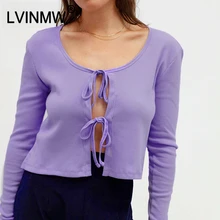 LVINMW, сексуальная трикотажная футболка с круглым вырезом, на шнуровке, с бантом, Осень-зима, женские облегающие футболки с длинным рукавом, женская уличная одежда