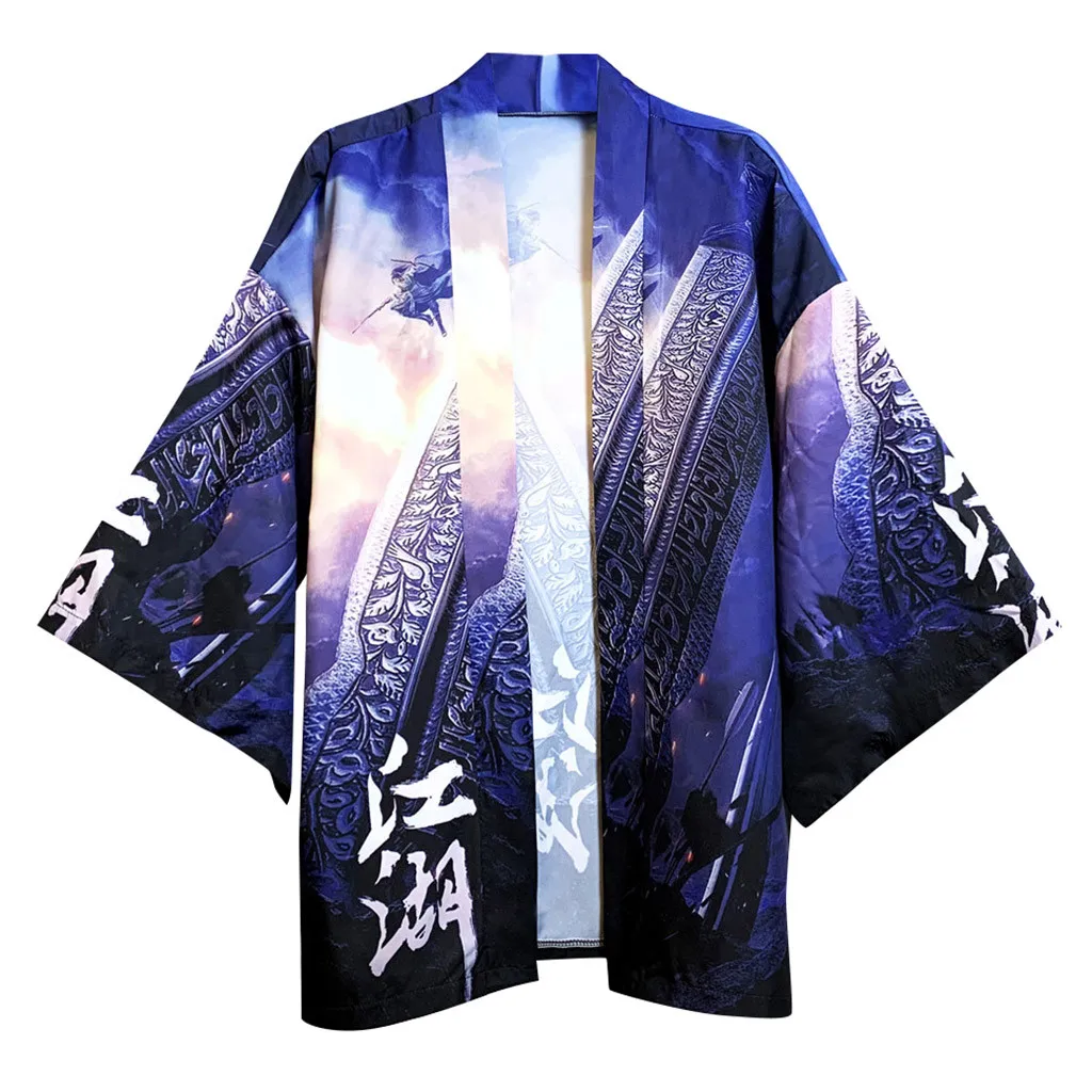 Japanese Lovers Individuality Print Top Blouse Kimono Hot Spring Clothing SPE969 Mens Black Cool Printed Casaul Shirt 