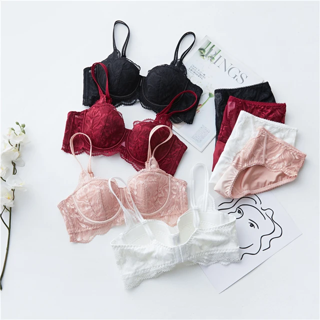 Women Embroidery Lace Lingerie Underwear Push-Up Padded Bra Set  Brassiere(4Colors for Choose)