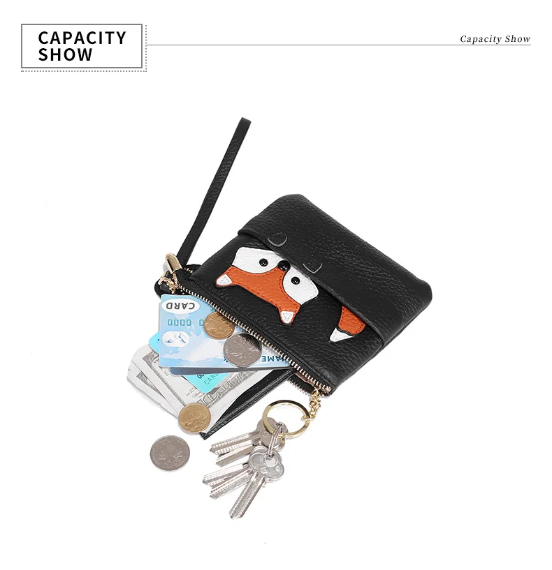 WESTCREEK Brand Fox Pattern Slim Genuine Leather Cute Coin Purse and Card Clip Wrist Small wallet with Key Ring