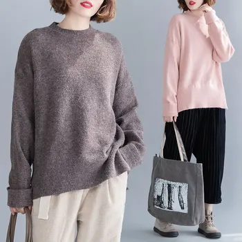 

BIG SIZE Autumn Winter Women Fashion Elegant Solid Color Tops Female Ladies Plus Large Long Sleeve Loose Split Knitted Sweater