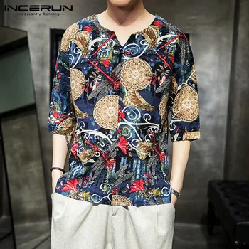 

Summer Printed Men Shirt V Neck Half Sleeve 2020 Retro Cotton Streetwear Casual Shirts Men Camisa Masculina INCERUN Plus Size