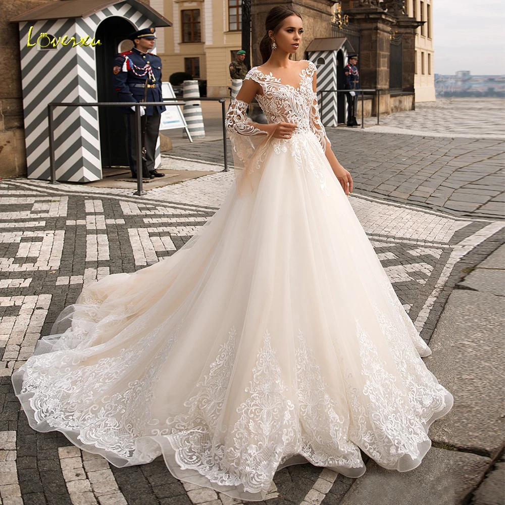 

Loverxu Illusion Scoop A Line Wedding Dresses 2019 Applique Flare Sleeve Backless Bride Dress Chapel Train Bridal Gown Plus Size
