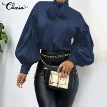 

Women Blouses Elegant Long Puff Sleeve OL Office Shirts Celmia 2021 Ladies Bow Collar Tunic Fashion Solid Loose Tops Party Blusa