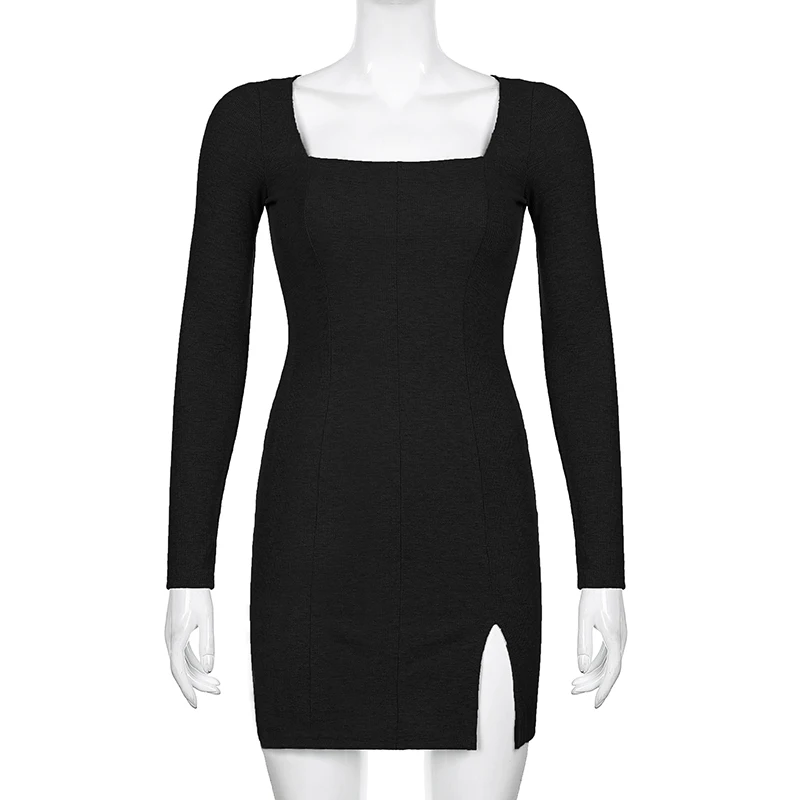 Darlingaga Elegant Square Neck Ribbed Black Dress Female Knitted Side Split Bodycon Dress Long Sleeve Fashion Mini Dresses Basic homecoming dresses 2021