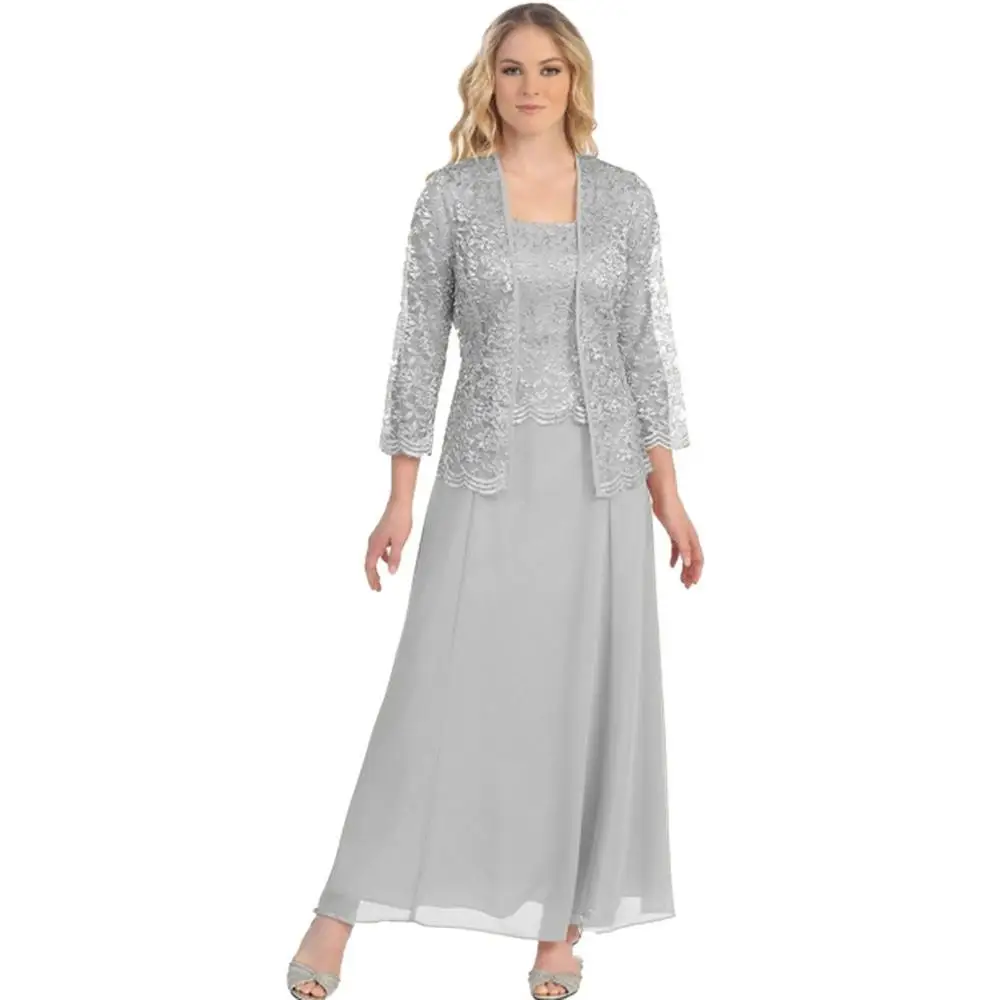 Robe De Soiree, кружевной топ, шифоновое длинное вечернее платье с курткой, с длинными рукавами, свадебное платье для гостей, два предмета, торжественное платье - Цвет: Серебристый