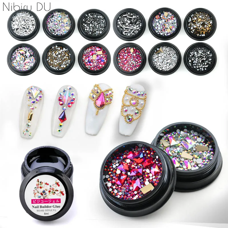 

1 Box Mix Diverse DIY Crystals Stones 8ML Nail Rhinestone Gel Glue Super Sticky UV Gel Kits For Charms 3D Nail Art Decorations
