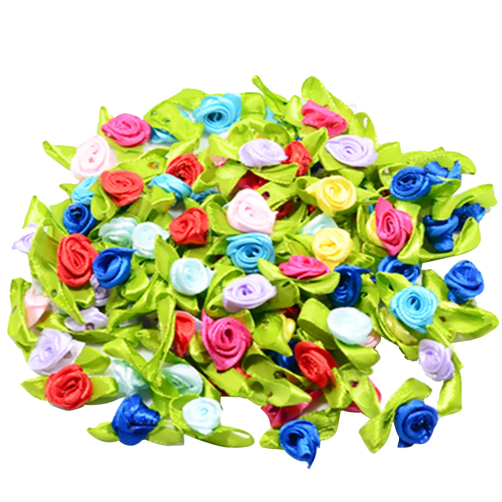 100 Pieces 15mm/0.59'' Flower Satin Ribbon Rose Buds Leaf Wedding Home Decor DIY Hairband Bow Sewing Crafts