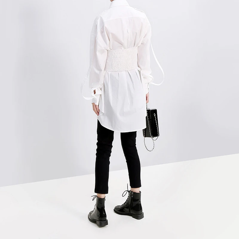 [EAM] Женская Черно-белая темпераментная Блузка с поясом, новая свободная рубашка с отворотом и длинным рукавом, модная весенняя Осенняя 1A241