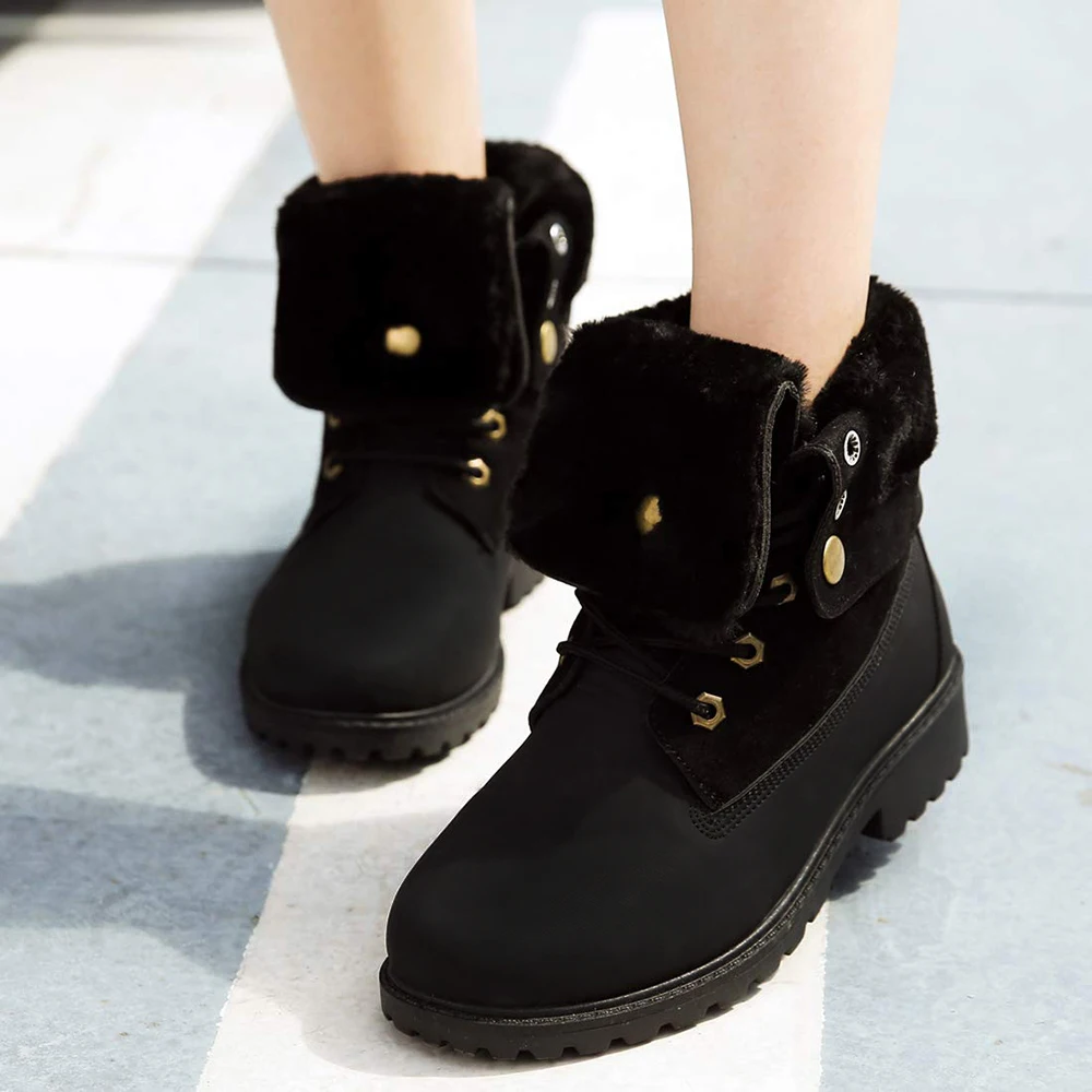 Женские ботильоны на меху модные зимние ботинки со шнуровкой Водонепроницаемые кожаные ботинки на низком каблуке с нескользящей подошвой черного цвета