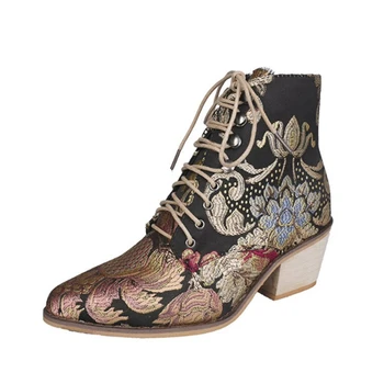 

Women Ankle Boots 2020 New Autumn Embroidered Short Boots Ethnic Style Pointed Thick Heel High Heels Lace-up Chelsea Boots Women