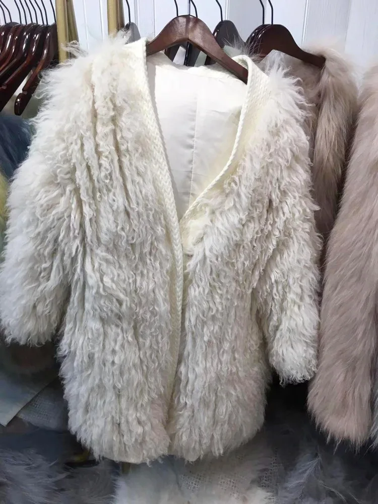 beige Вязаное пальто из овечьей шерсти с глубоким v-образным вырезом, Женское зимнее пальто, верхняя одежда из натурального меха, куртка, модная Роскошная куртка из натурального меха, Осень-зима - Цвет: beige