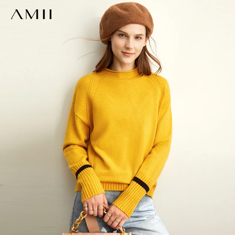 Amii spring semi-turtleneck knit sweater women causal oneck full sleeves loose pullover tops 11930334 | Женская одежда