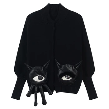 

Runway Little Monster Pattern Pockets Women Knitted Cardigan Sweater Single Breasted Tops Female Coat Slim O-Neck Ladies Outwear