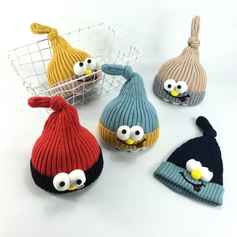 Korean Kids Toddler Knitted Hat Cartoon Big Eyes Contrast Color Kawaii Embroidery Baby Knotted Top Cuffed Beanie Cap 3-1