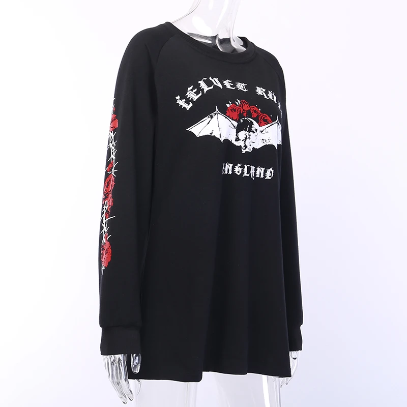 InstaHot Black Rose Letter Printed Oversize Sweatshirts Loose Women Round Neck Autumn Spring Gothic Punk Streetwear Pullovers