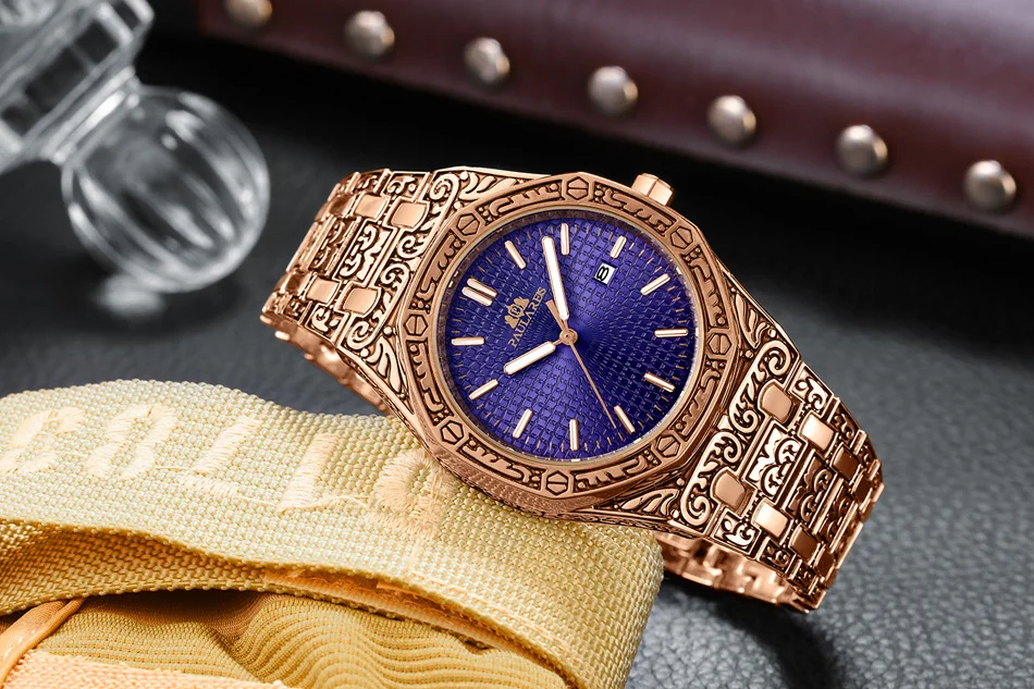 Lusso antico intagliato vintage luminoso oro rosa oro giallo argento 2 toni blu quarzo classico da uomo_voghion.com