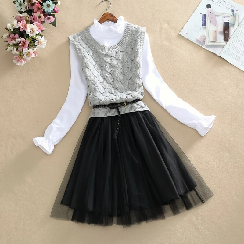 

Fashion Two Pieces Set Women Knitted Crochet Vest Sweater Long Patchwork Mesh Dress Office Lady Korean Outfits Spring Autumn New