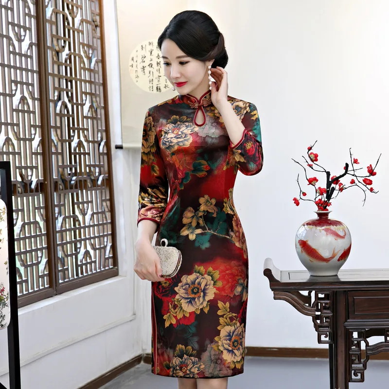 Элегантное тонкое платье Cheongsam большого размера 3XL-5XL Женское зимнее вечернее платье с цветочным принтом традиционное китайское платье Qipao благородное платье