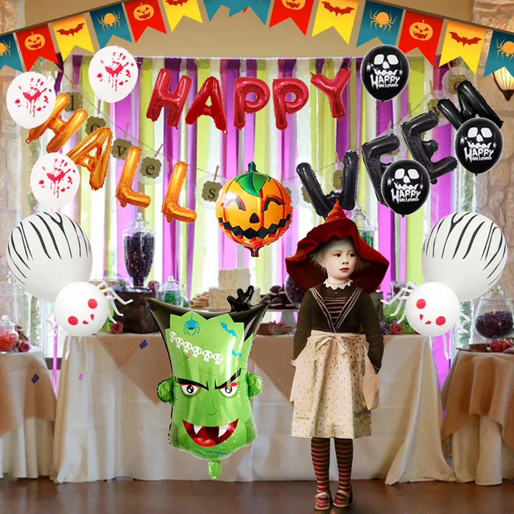 

Behogar Halloween Decorations Kit Including Happy Halloween Banner Jumbo Green Head Balloons Spider Foil Balloon Latex Balloons