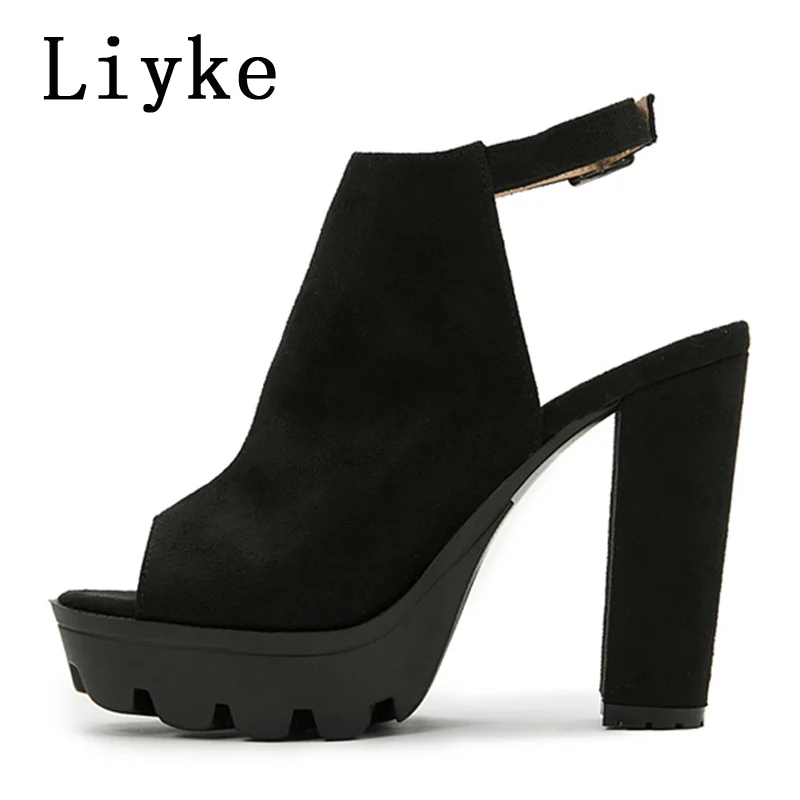 Liyke Women Chunky Platform Sandals Summer Flock Thick High Heels Open Toe Ankle Buckle Strap Ladies Shoes Casual women high heels,platform high heels sandals,platform sandals,ankle buckle sandals