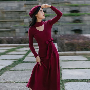 

HAMALIEL Vintage Women Knit Two Piece Set Autumn Winter Knitted Vest Tops + Stand Collar Full Sleeve Belt Long Dress Skirt Set