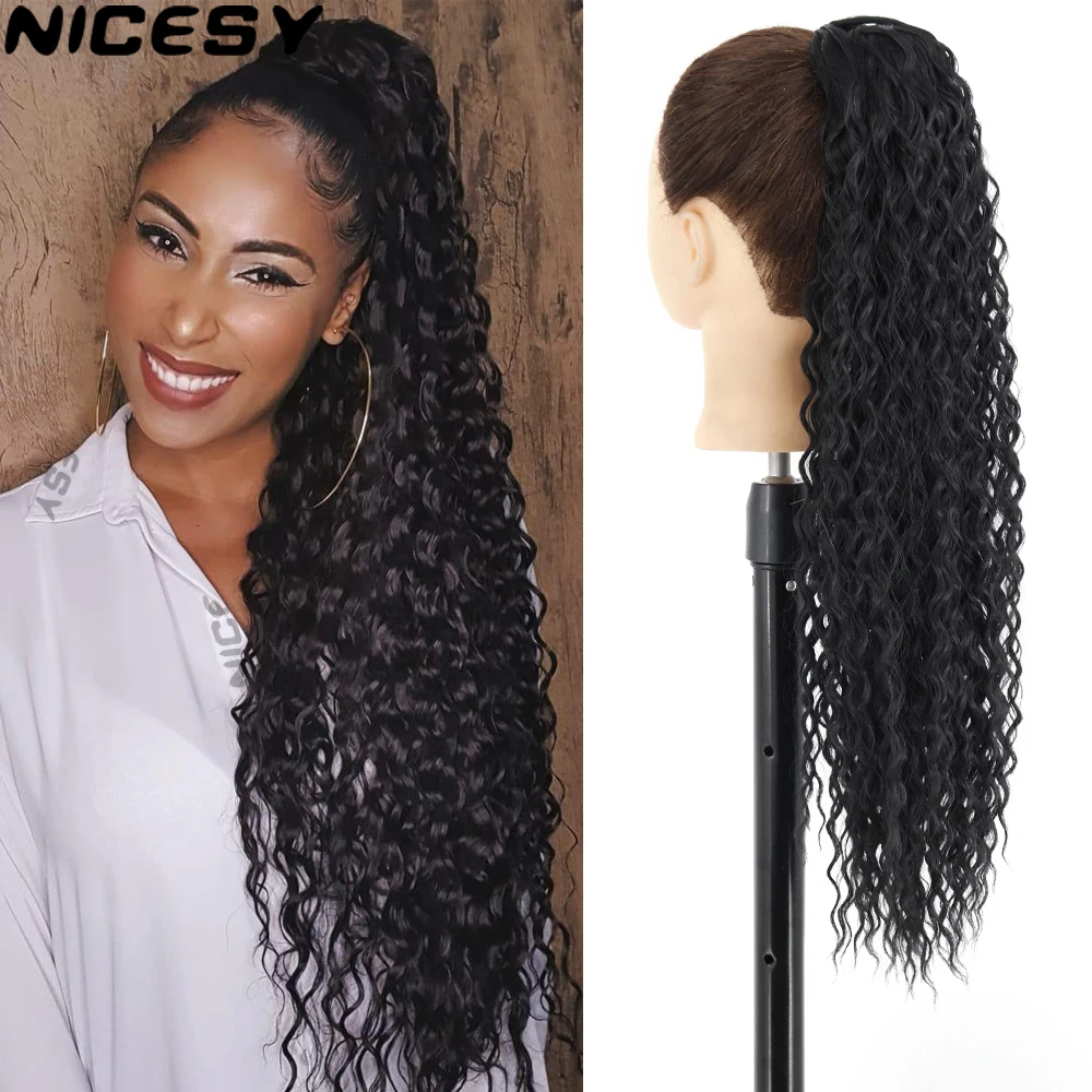 26Inch Synthetic Long Water Wave Drawstring Clip In Ponytail Hair Extension Kinky Curly Wrap Around Fake Ponytail Ombre Color