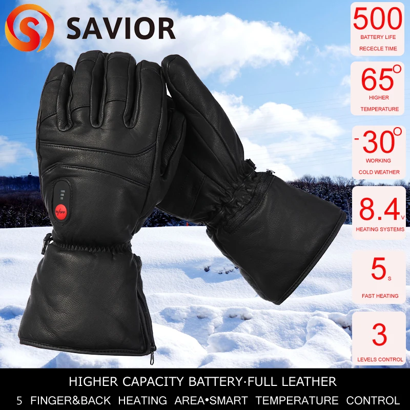 Savior Full Leather Electric Heated Gloves with Battery Powered for Sports Skiing Motorcycling Riding Fishing Hunting SHGS06