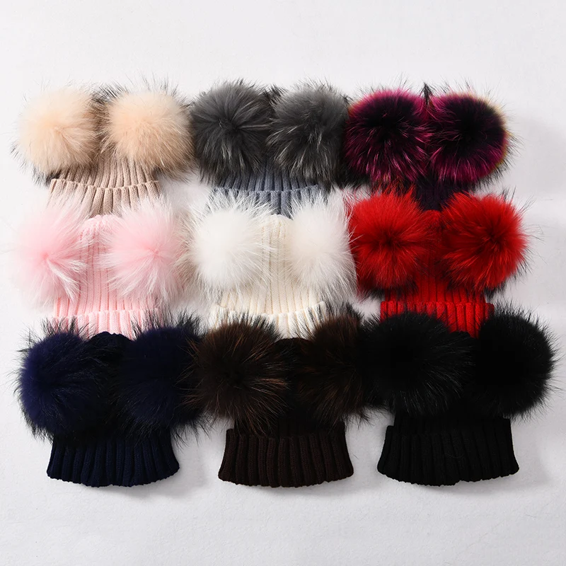 Winter Real Fur Ball Beanie Hat for Women Ladies Fluffy Double Natural Raccoon Fur Pom Pom Skullies Beanie Hat With 2 Fur Pompom 2