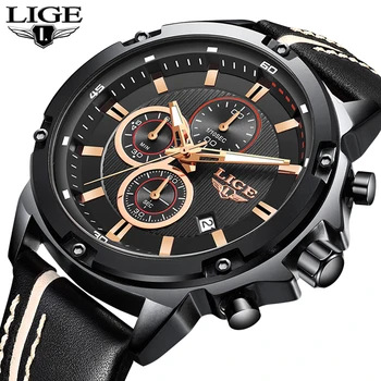

LIGE Leather Watches 2020 Mens Watch Top Brand Luxury Business Clock Male Military Sport Waterproof Chronograph Quartz Watch Men