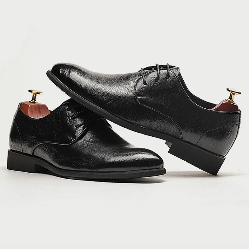 New Vintage Man Formal Dress Shoes Genuine Leather Ostrich Pattern Oxfords Pointed Toe Derby Men's Office Party Flats SS591
