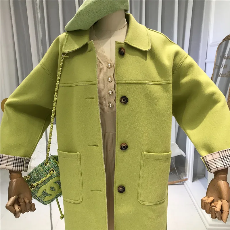 Green Abrigos Mujer Invierno Женское шерстяное пальто с карманами, длинное одноцветное однобортное пальто с широкой талией и отложным воротником